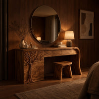 Makeup vanity with a carved tree pedestal and a sweeping slab leg in an evening bedroom with walnut wall paneling