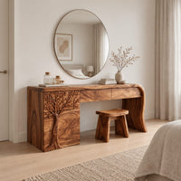 Makeup vanity with a carved tree pedestal and a sweeping slab leg in a Scandinavian bedroom with white walls