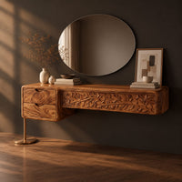Makeup vanity with a carved vine panel, two drawers and a slim post leg, three-quarter view showing the grain