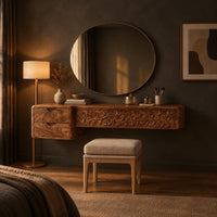 Makeup vanity with a carved vine panel, two drawers and a slim post leg in a dark bedroom at golden hour
