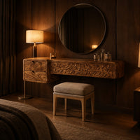 Makeup vanity with a carved vine panel, two drawers and a slim post leg in an evening bedroom with walnut wall paneling