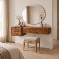 Makeup vanity with a carved vine panel, two drawers and a slim post leg in a Scandinavian bedroom with white walls