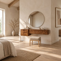 Makeup vanity with a carved vine panel, two drawers and a slim post leg in a bright open plan bedroom
