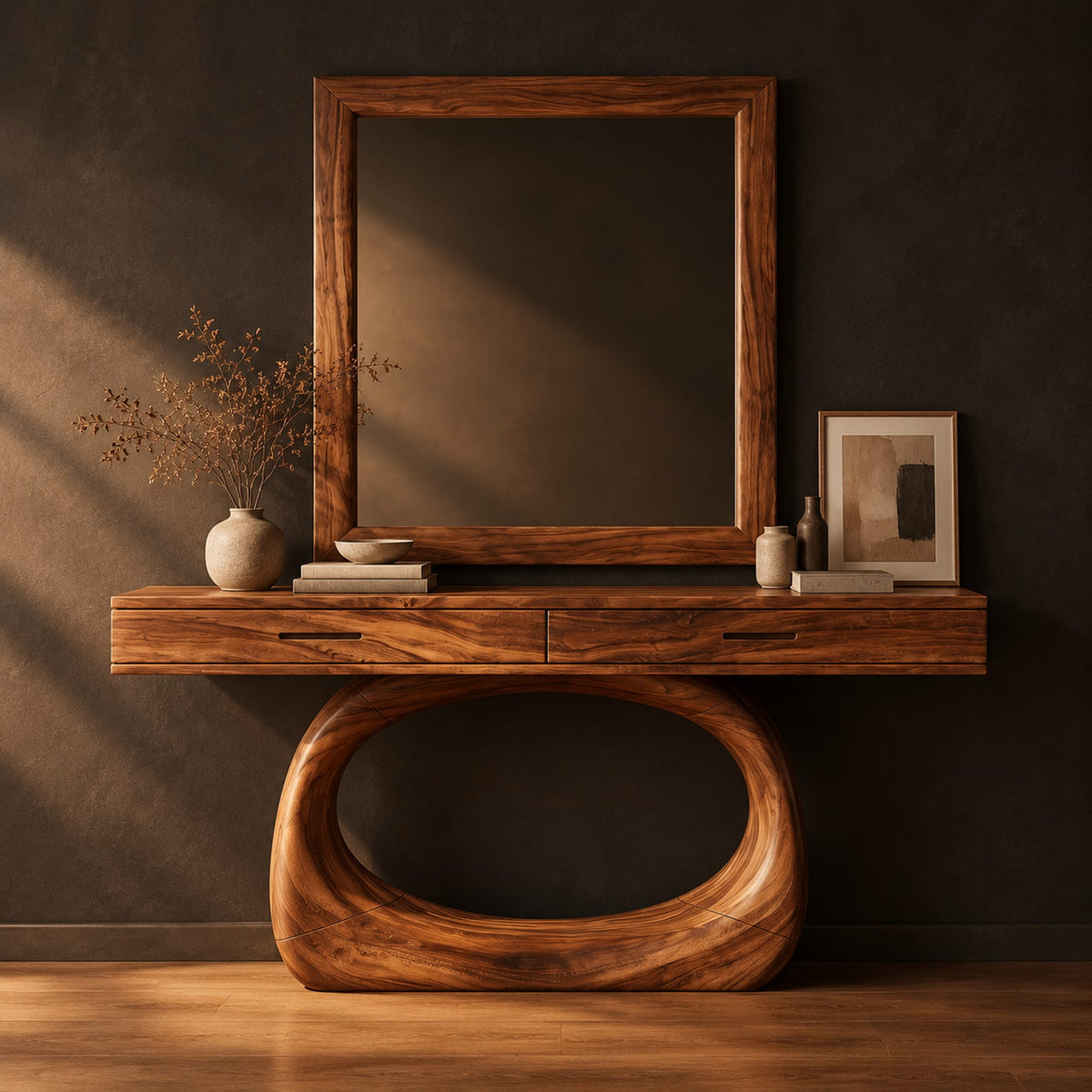 Makeup vanity with a wide top and an open oval loop base in a dark studio against a charcoal plaster wall