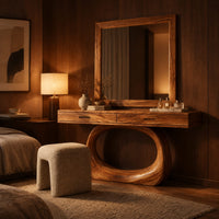Makeup vanity with a wide top and an open oval loop base in an evening bedroom with walnut wall paneling