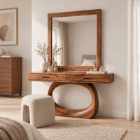 Makeup vanity with a wide top and an open oval loop base in a Scandinavian bedroom with white walls