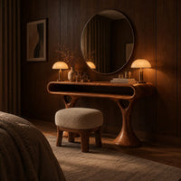 Makeup vanity with a pill shaped open shelf top and flared pedestal legs in an evening bedroom with walnut wall paneling