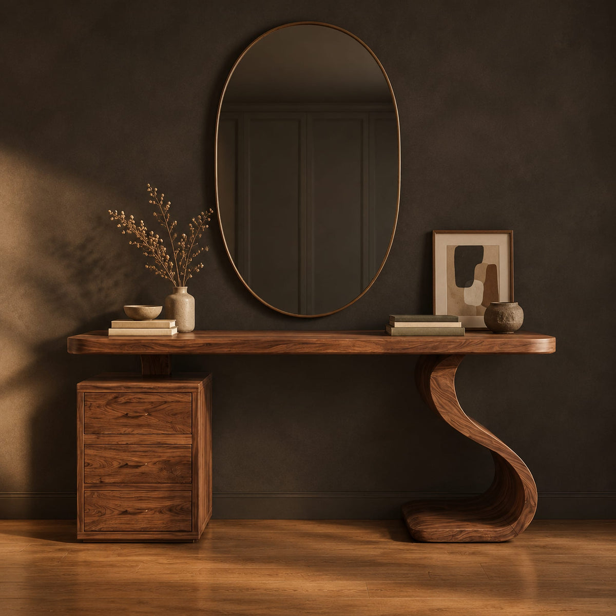 Makeup vanity with an s curve pedestal and a three drawer cabinet in a dark studio against a charcoal plaster wall