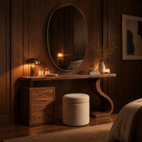 Makeup vanity with an s curve pedestal and a three drawer cabinet in an evening bedroom with walnut wall paneling