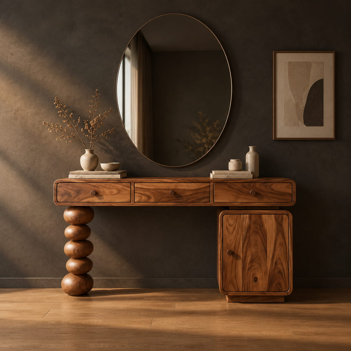 Makeup vanity with three drawers a stacked bead leg and a side cabinet in a dark studio against a charcoal plaster wall