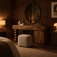 Makeup vanity with three drawers a stacked bead leg and a side cabinet in an evening bedroom with walnut wall paneling