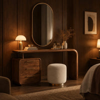 Makeup vanity with a waterfall end and a three drawer cabinet in an evening bedroom with walnut wall paneling