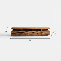 Media Cabinet with Open Cubbies Above Carved Wave Drawers dimension diagram with height, width and depth