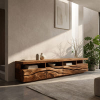 Media cabinet with open cubbies above carved wave drawers in a sunlit room with large windows and plants