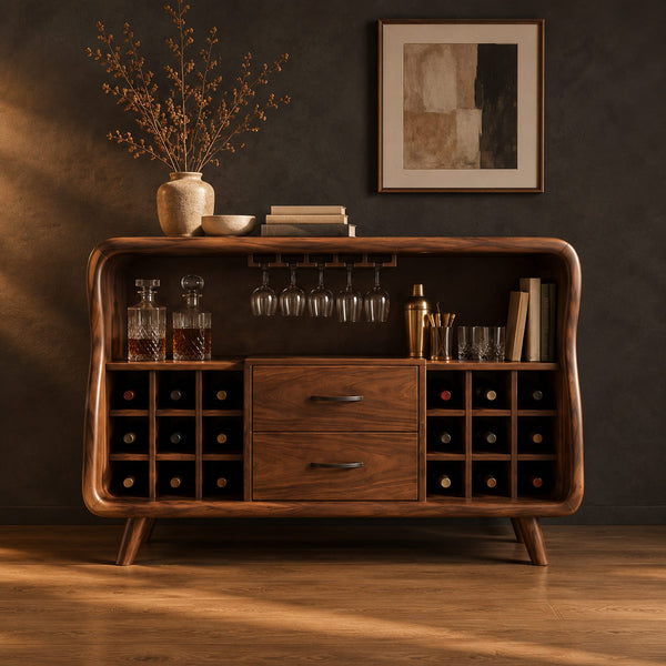 Mid Century Bar Cabinet With Curved Frame And Two Drawers