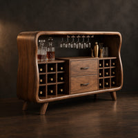 Mid century bar cabinet with a curved frame, square cubbies and two drawers, three-quarter view showing the grain