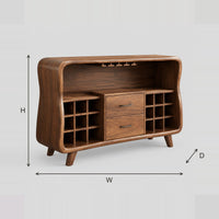 Mid Century Bar Cabinet With Curved Frame And Two Drawers dimension diagram with width, height and depth