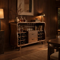 Mid century bar cabinet with a curved frame, square cubbies and two drawers in an evening dining room with walnut wall paneling