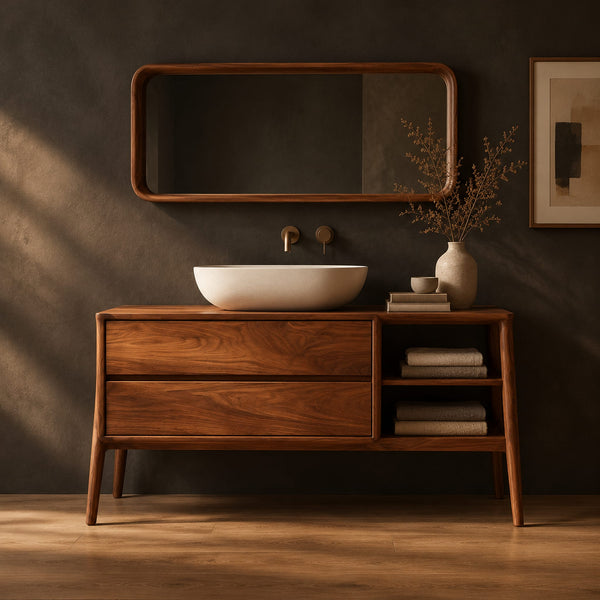 Mid Century Bathroom Vanity With Two Drawers And Open Side Shelves