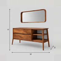 Mid Century Bathroom Vanity With Two Drawers And Open Side Shelves dimension diagram with width, height and depth