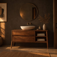 Mid century wood vanity with two drawers and open side shelves on tapered legs in a dark bathroom at golden hour