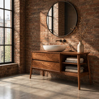 Mid century wood vanity with two drawers and open side shelves on tapered legs in an industrial loft bathroom with exposed brick