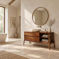 Mid century wood vanity with two drawers and open side shelves on tapered legs in a bright open plan bathroom