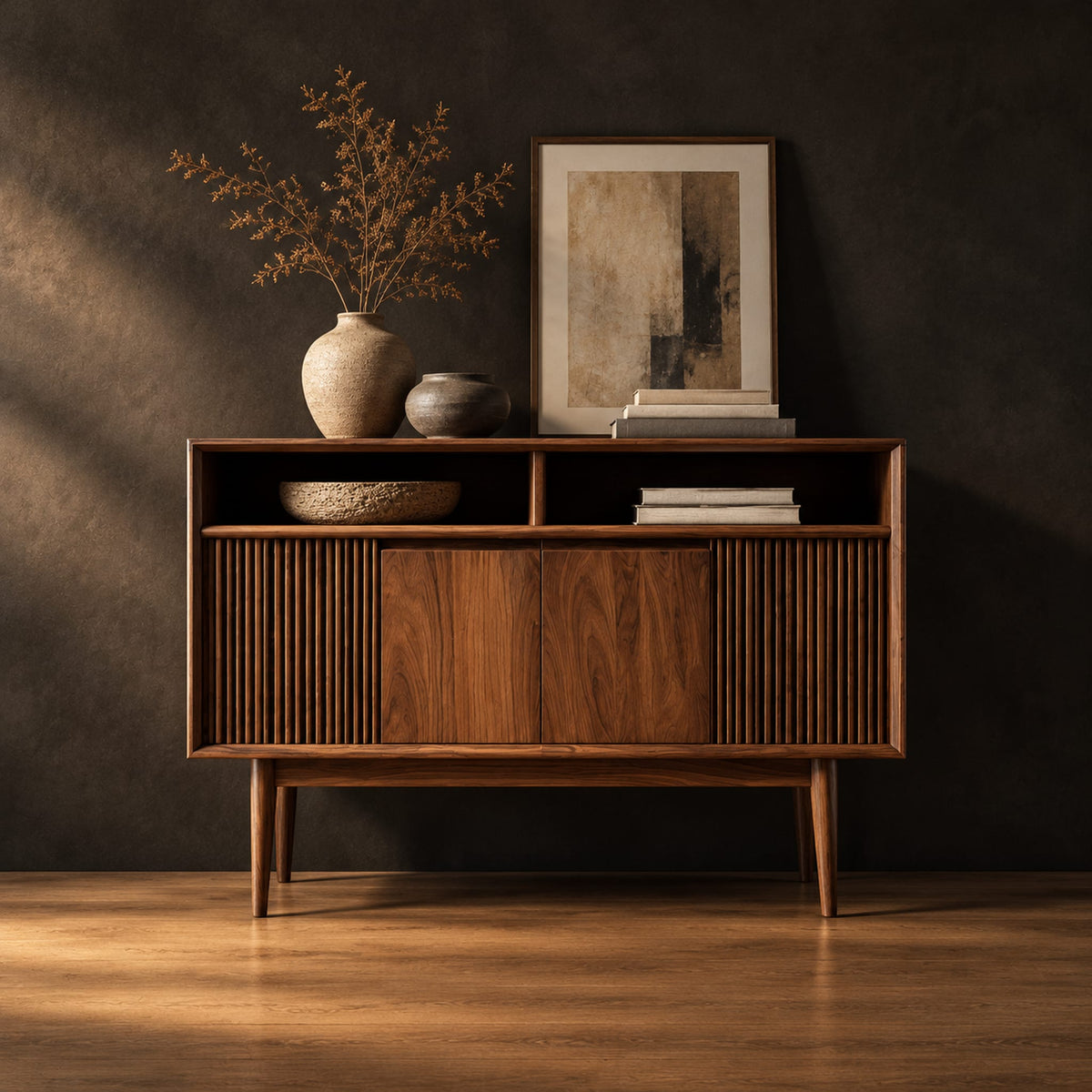 Mid century console table with fluted front and tapered legs in a dark studio against a charcoal plaster wall