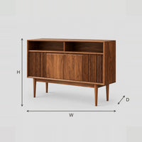 Mid Century Console Table With Fluted Front And Tapered Legs dimension diagram with width, height and depth