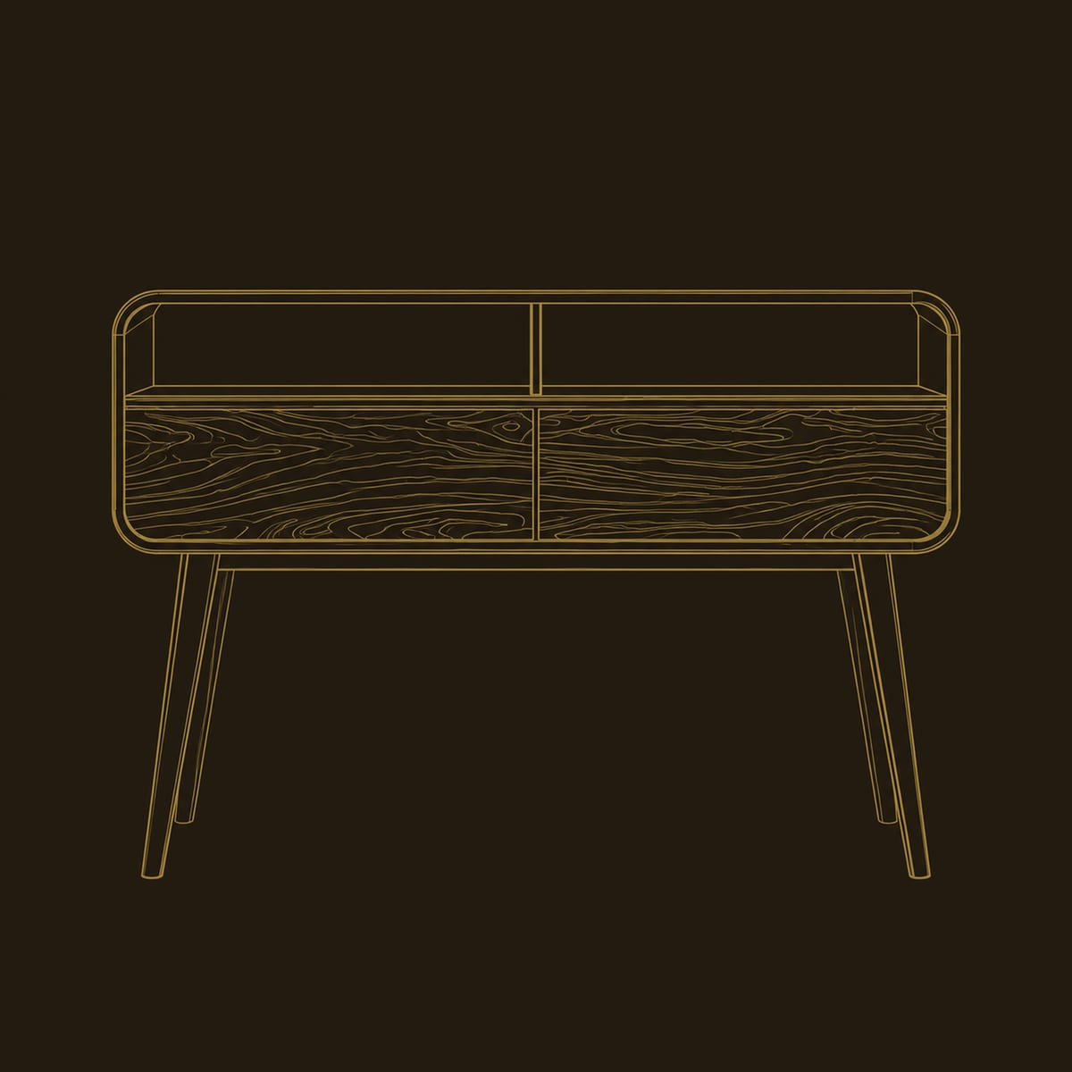 Mid Century Console Table With Open Compartments And Slim Legs dimension diagram