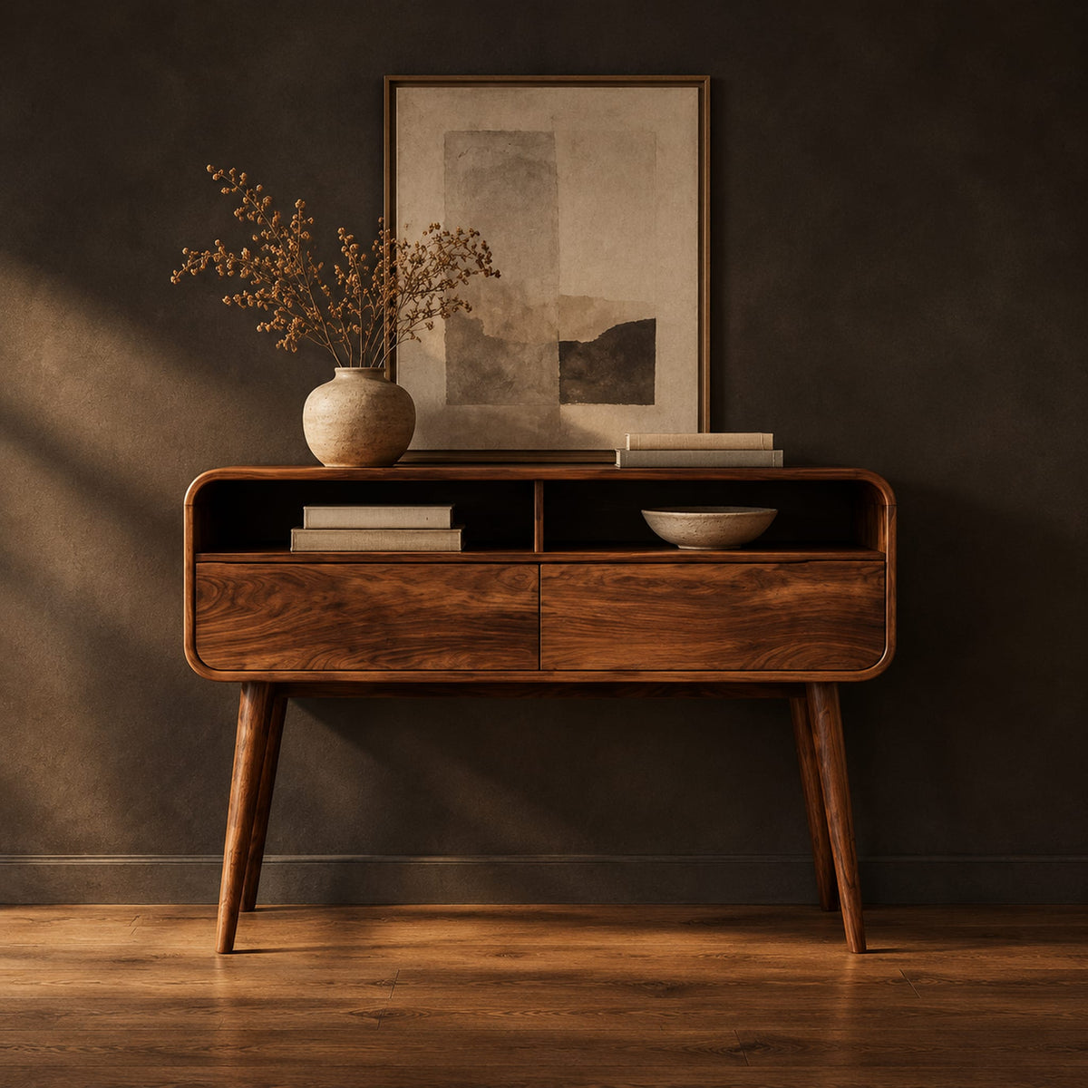 Mid century wooden console table with open compartments above two front panels in a dark studio against a charcoal plaster wall