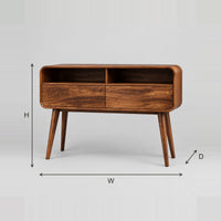 Mid Century Console Table With Open Compartments And Slim Legs dimension diagram with width, height and depth