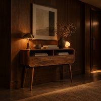 Mid century wooden console table with open compartments above two front panels in an evening entryway with walnut wall paneling