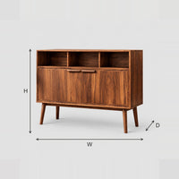 Mid Century Console Table With Open Cubbies And Two Doors dimension diagram with width, height and depth