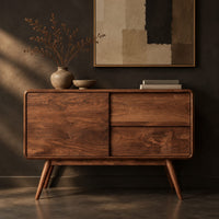 Corner detail of low cabinet style console table with three wood panels on splayed legs beside wood, brass and linen samples
