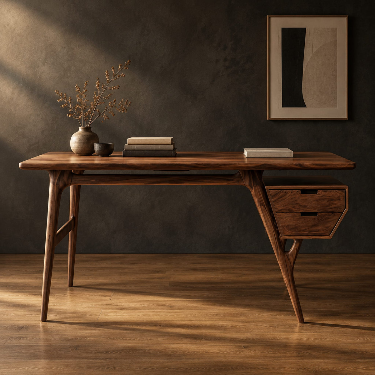 Mid century desk with tapered legs and a wedge shaped two drawer box in a dark studio against a charcoal plaster wall
