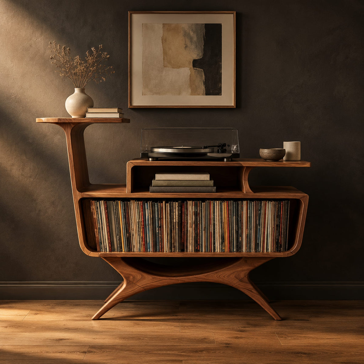Mid century record console with an open bin, a raised tier and splayed legs in a dark studio against a charcoal plaster wall