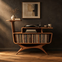 Mid century record console with an open bin, a raised tier and splayed legs in a dark studio against a charcoal plaster wall