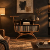 Mid century record console with an open bin, a raised tier and splayed legs in a dark living room at golden hour