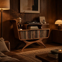 Mid century record console with an open bin, a raised tier and splayed legs in an evening living room with walnut wall paneling