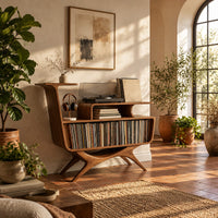Mid century record console with an open bin, a raised tier and splayed legs in a bright living room with arched windows and plants