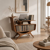 Mid century record console with an open bin, a raised tier and splayed legs in a Scandinavian living room with white walls