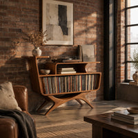 Mid century record console with an open bin, a raised tier and splayed legs in an industrial loft living room with exposed brick