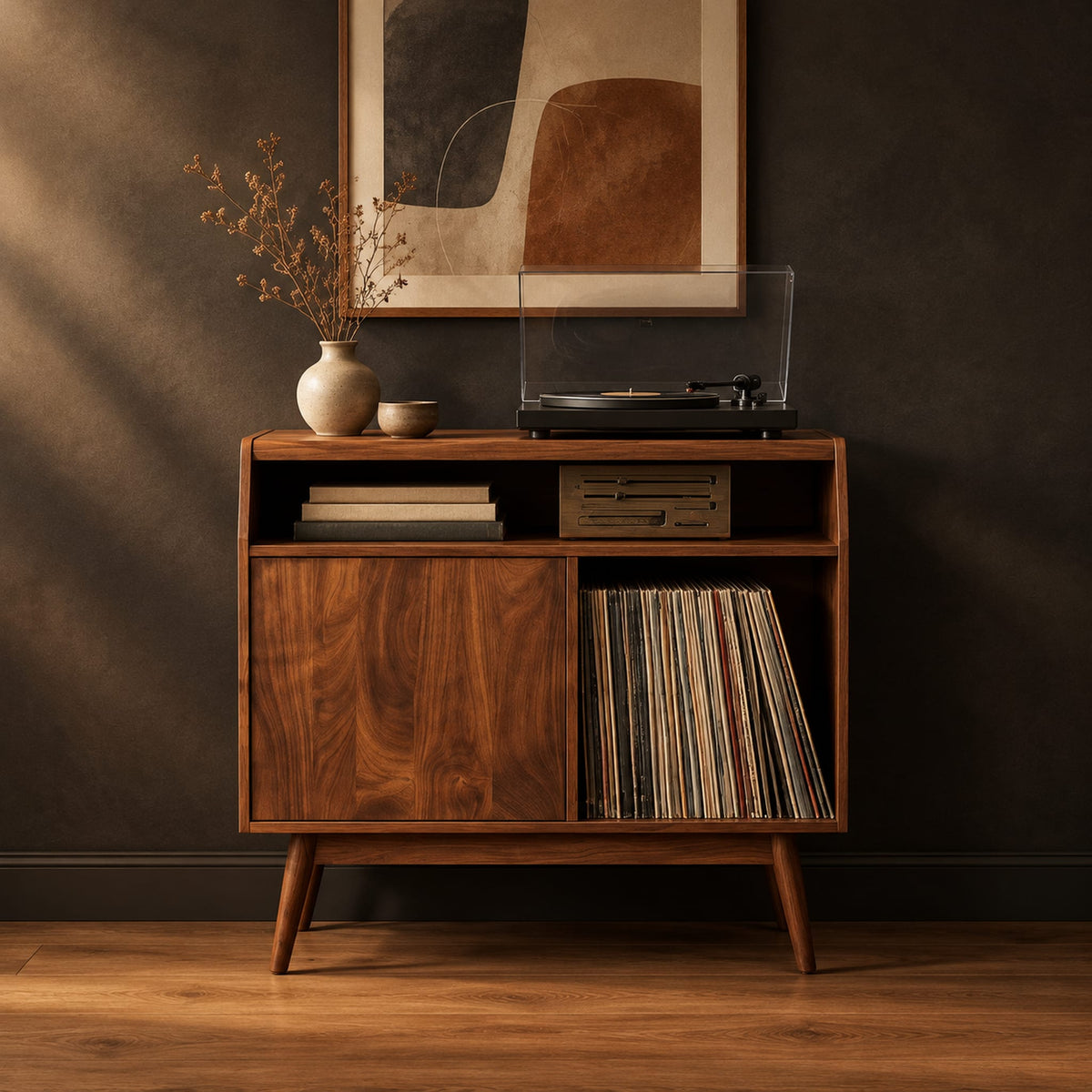 Mid century record player stand with one flat door and tapered legs in a dark studio against a charcoal plaster wall