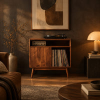 Mid century record player stand with one flat door and tapered legs in a dark living room at golden hour