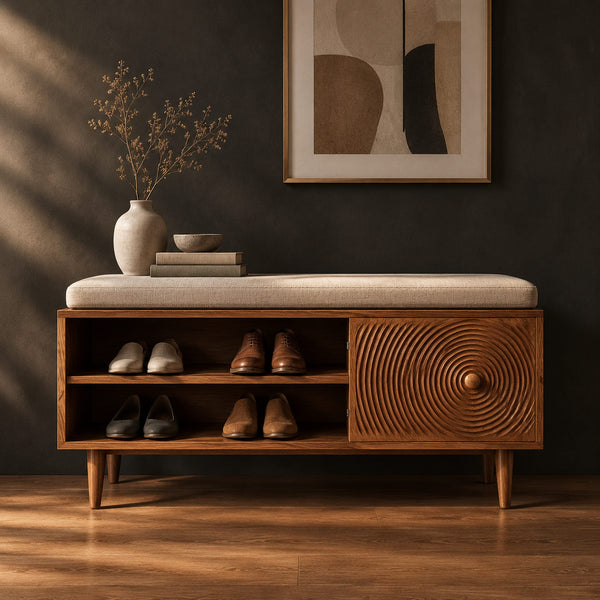 Mid Century Shoe Bench With Ring Carved Door And Padded Seat
