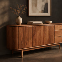 Corner detail of mid century sideboard with three drawers and tapered legs beside wood, brass and linen samples