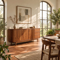 Mid century sideboard with three drawers and tapered legs in a bright dining room with arched windows and plants