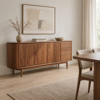 Mid century sideboard with three drawers and tapered legs in a Scandinavian dining room with white walls