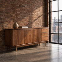 Mid century sideboard with three drawers and tapered legs in an industrial loft dining room with exposed brick